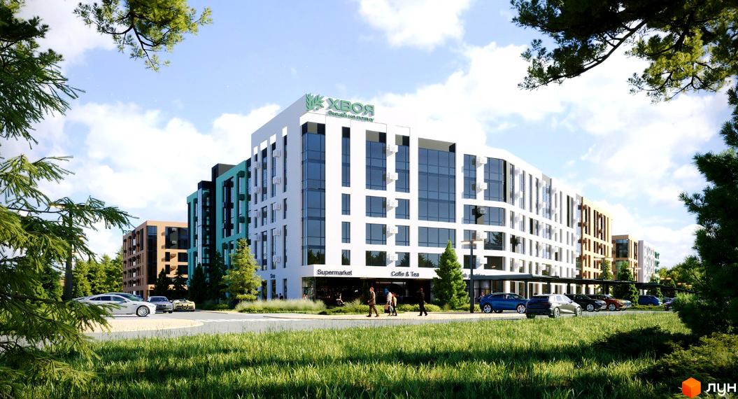 Житловий комплекс Хвоя з білими фасадами, темними вікнами та кольоровими секціями. Навколо зелені дерева, трава та парковка з автомобілями.