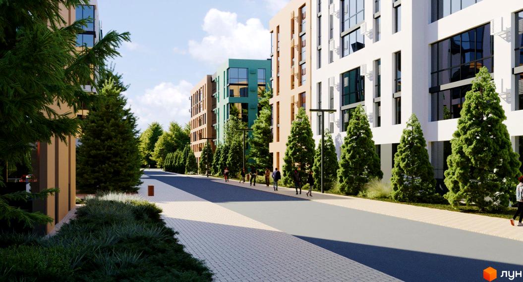 Новобудова Хвоя з різнокольоровими фасадами та великими вікнами. Навколо будівель висаджені хвойні дерева та облаштовані пішохідні доріжки.