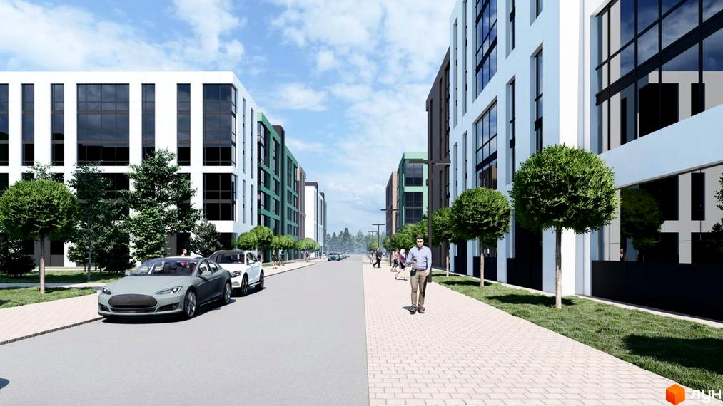 Житловий комплекс Хвоя: багатоповерхові будинки з білими, зеленими та темними фасадами. Прибудинкова територія з доріжками, газонами та деревами.