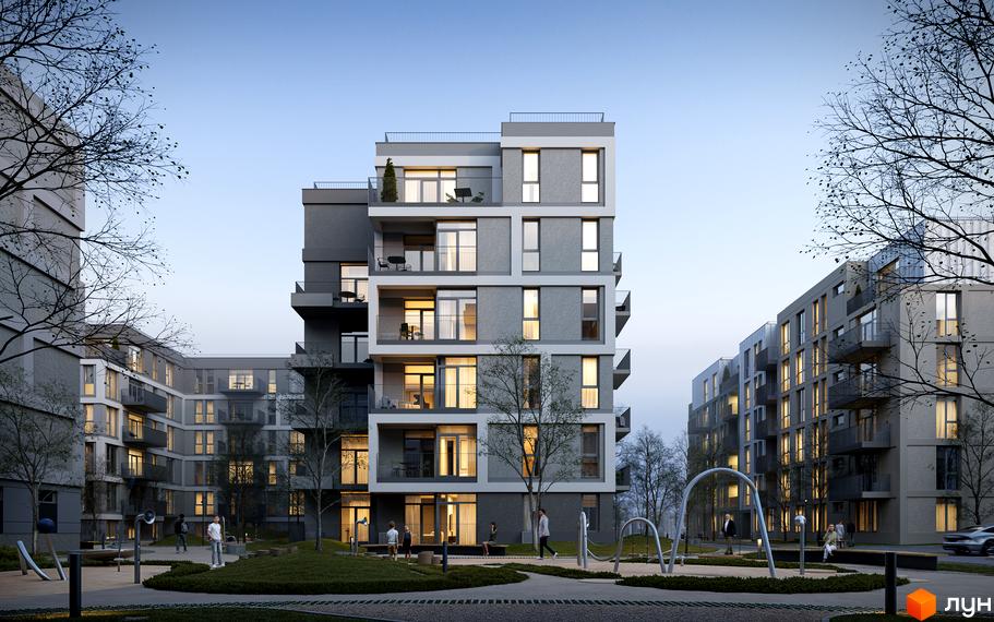 Житловий комплекс Avalon Magnolia: сірі багатоповерхові будинки з балконами та великими вікнами, оточені зеленим двором з деревами та зонами відпочинку.