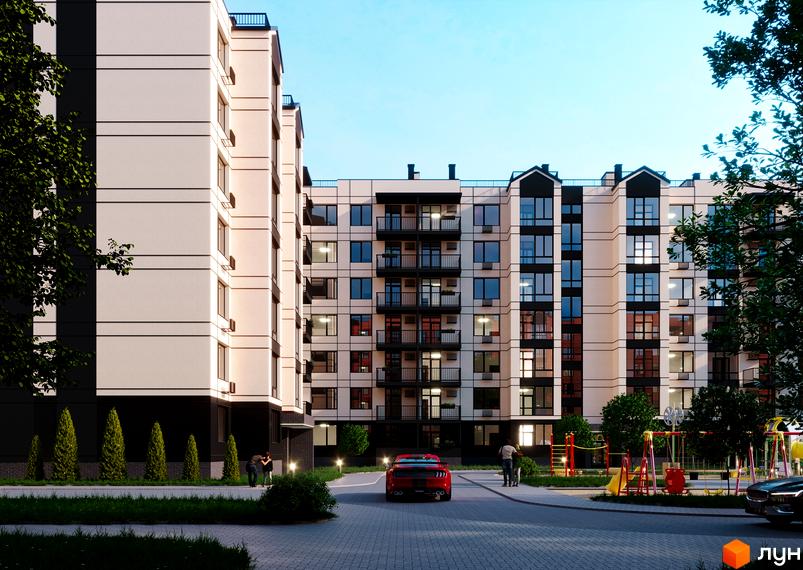 Новобудова ЖК Європейські Липки з сучасним фасадом та балконами. На прибудинковій території дитячий майданчик та червоний автомобіль.