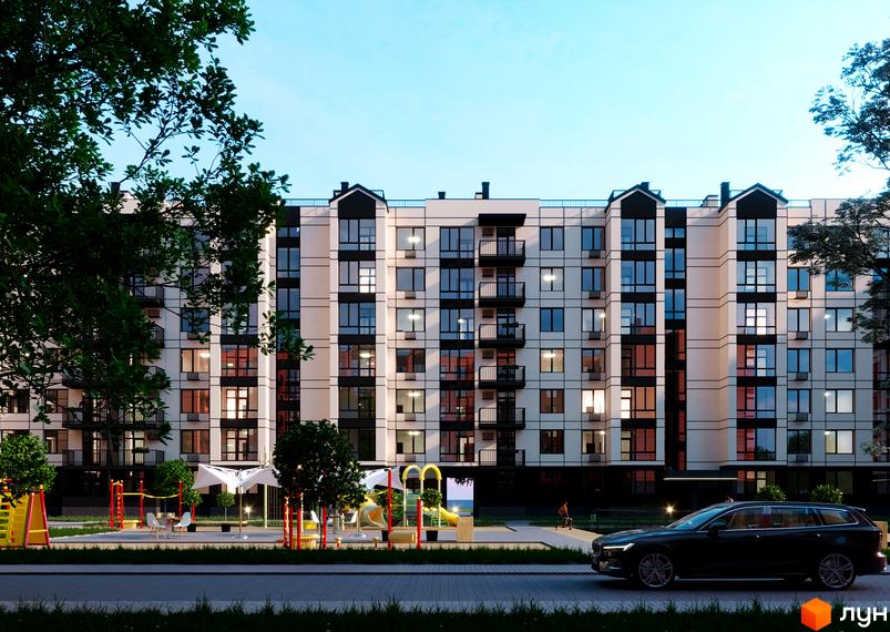 Новобудова ЖК Європейські Липки з фасадом з білих панелей та чорними вікнами. Територія комплексу облаштована дитячим майданчиком та місцями для відпочинку.