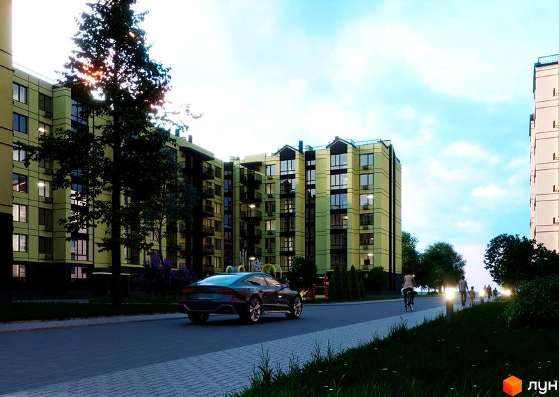 Житловий комплекс Європейські Липки: світлі багатоповерхові будинки з темними вікнами та балконами. На вулиці видно дорогу, зелені дерева та людей.