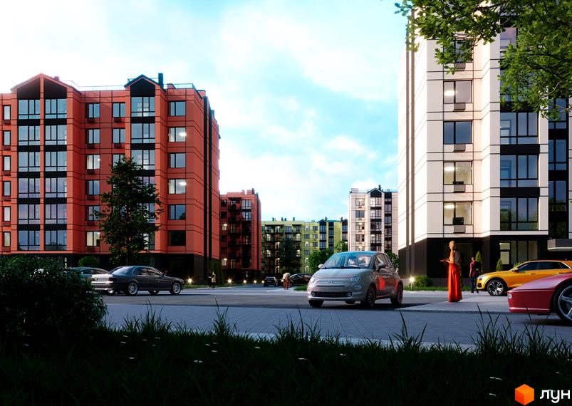 Житловий комплекс Європейські Липки - це сучасна новобудова з цегляними фасадами та великими вікнами, розташована біля доглянутої прибудинкової території з автомобілями та зеленими насадженнями.