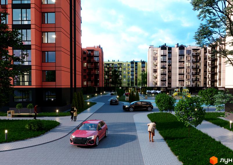 Житловий комплекс Європейські Липки. Фасади будинків та прибудинкова територія з дитячим майданчиком та зонами відпочинку.