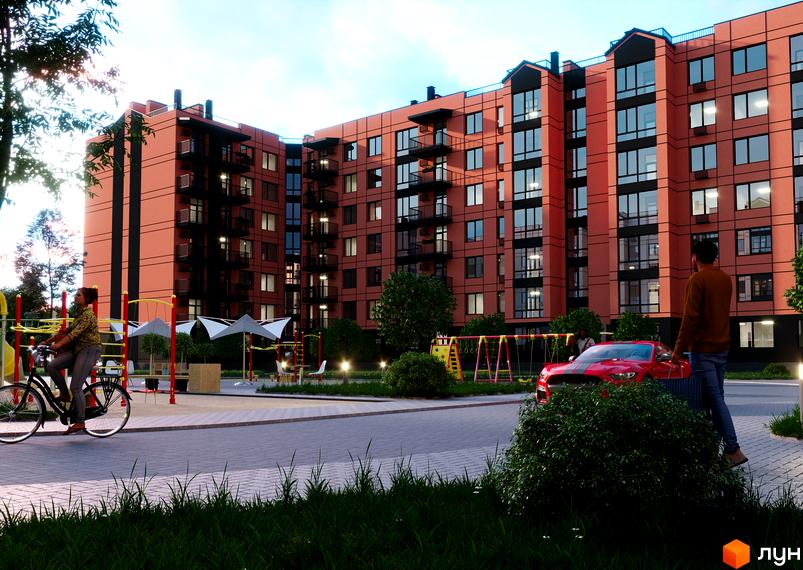 Житловий комплекс Європейські Липки: багатоповерховий будинок цегляного кольору з темними балконами та облаштованою прибудинковою територією з дитячим майданчиком.