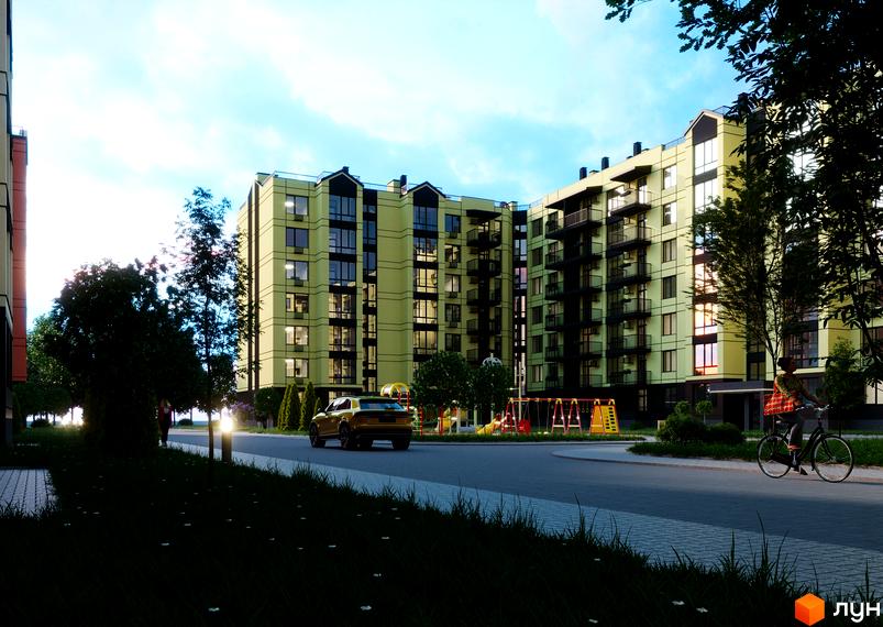 Багатоповерховий будинок Житлового комплексу Європейські Липки зі світло-жовтими фасадами та темними балконами. Поруч дитячий майданчик та зелені зони.