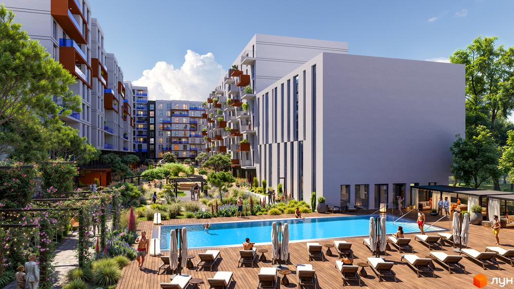 Житловий комплекс INFINITY PARK з басейном та зоною відпочинку. Сучасна архітектура житлового комплексу з терасами та озелененням.