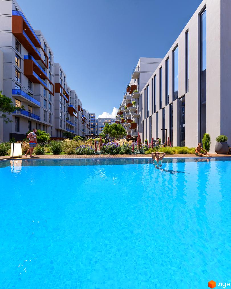 Житловий комплекс INFINITY PARK з басейном та сучасною архітектурою. Простора прибудинкова територія з ландшафтним дизайном для відпочинку.