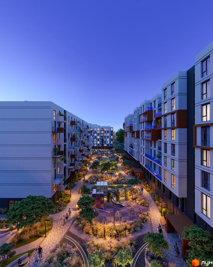 Житловий комплекс INFINITY PARK з сучасними фасадами та просторим внутрішнім двором з дитячим майданчиком та зонами відпочинку.