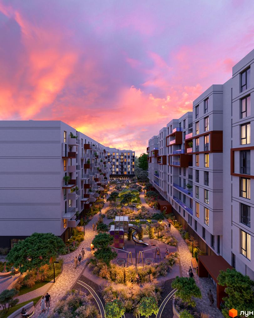 Житловий комплекс INFINITY PARK з архітектурою в світлих тонах, з просторою прибудинковою територією, дитячим майданчиком та зеленими насадженнями.