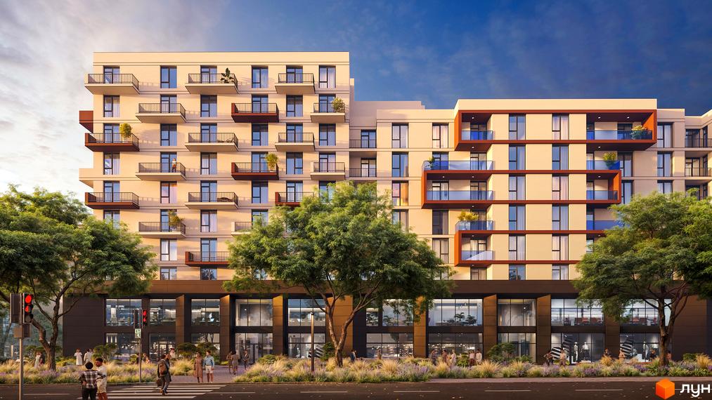 Висотна будівля ЖК INFINITY PARK з балконами та великими вікнами. На передньому плані зелені дерева та пішохідний перехід.
