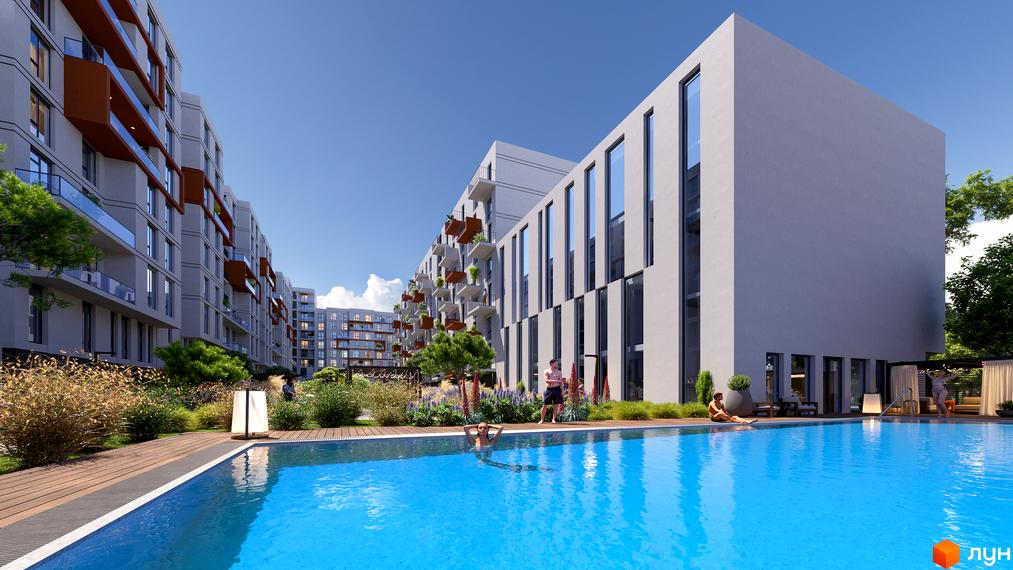 Житловий комплекс INFINITY PARK з басейном та зонами відпочинку. Багатоквартирні будинки з балконами та великими вікнами.