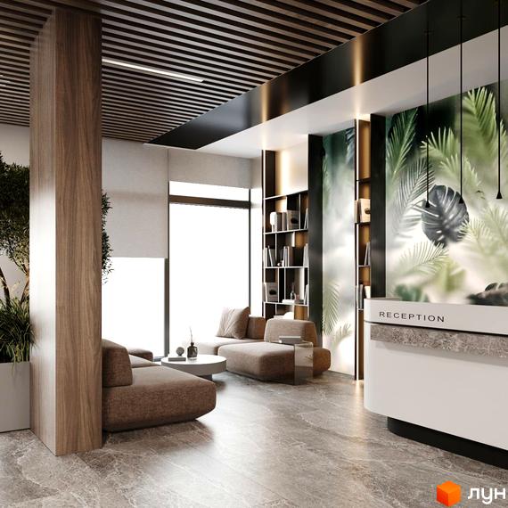 Інтер'єр лобі житлового комплексу INFINITY PARK з диванами, журнальним столиком та рецепцією на фоні озеленення.