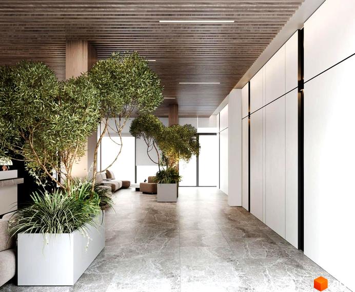 Інтер'єр ЖК INFINITY PARK: просторий коридор з рослинами та білими стінами, оздоблений деревом. Світлий простір з великими вікнами та елементами дизайну.
