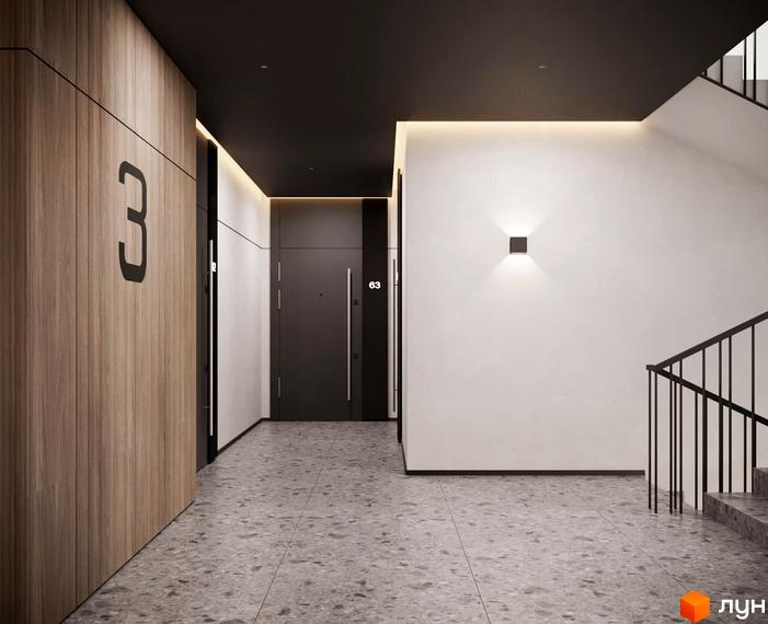 Інтер'єр будинку ЖК INFINITY PARK з оздобленням з дерева та каменю, вхідні двері з номером квартири.