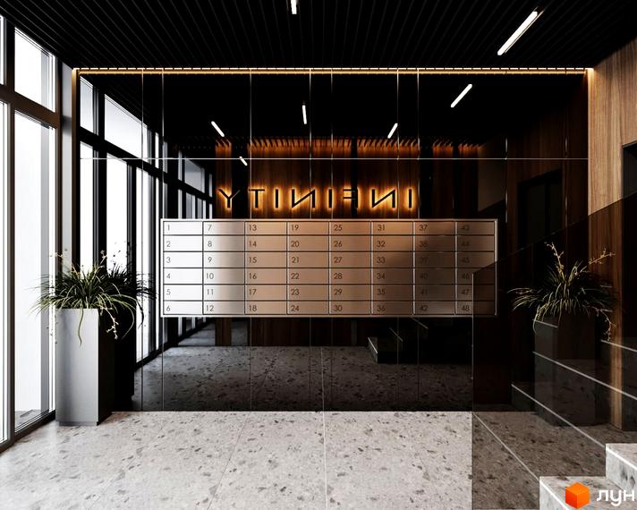 Інтер'єр холу в ЖК INFINITY з поштовими скриньками та написом назви проєкту. Світлий мармуровий пол, великі вікна та рослини.