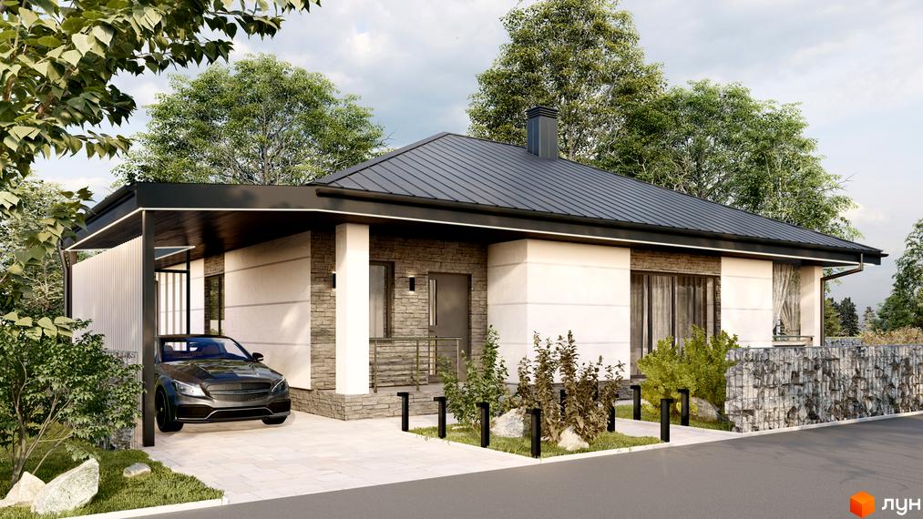 Котеджне містечко Сімейний маєток: одноповерховий будинок з темно-сірим дахом, фасадом з білих панелей та кам'яної кладки, навісом для авто та вимощеним подвір'ям.