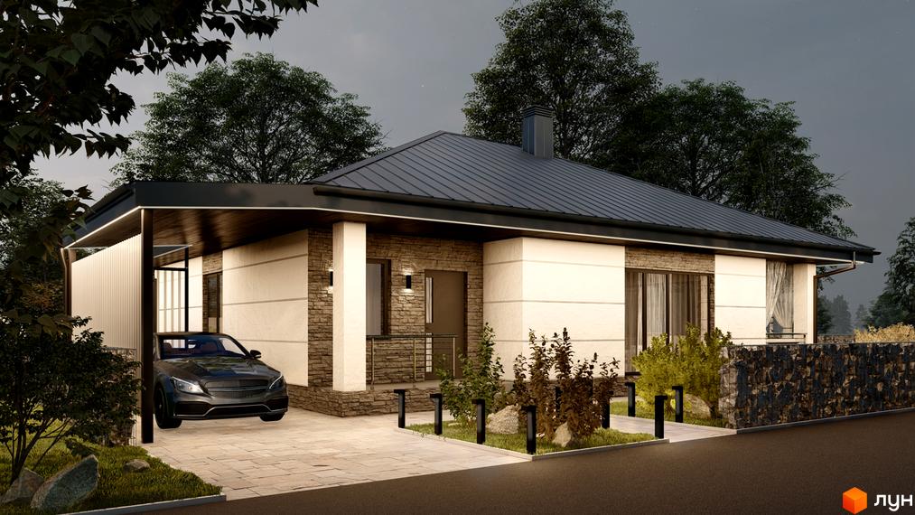 Будинок Котеджного містечка Сімейний маєток з темним дахом, світлими фасадами та кам'яним оздобленням. Територія з озелененням та паркомісцем.