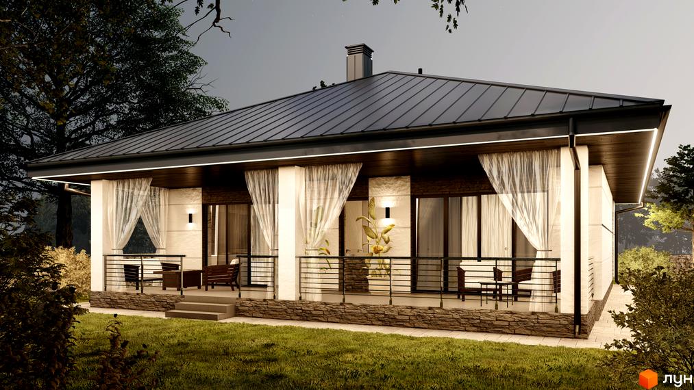 Зображення одноповерхового будинку Котеджного містечка Сімейний маєток з темним дахом, світлим фасадом та просторою терасою. Навколо будинку зелений газон та дерева.