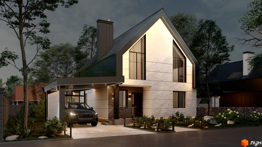 Фасад будинку КМ Сімейний маєток: світлі стіни, темний гостроверхий дах, великі вікна. Подвір'я з вимощеною доріжкою, озелененням та автомобілем під навісом.