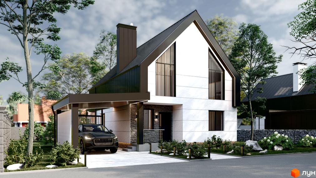 Котеджне містечко Сімейний маєток: білий будинок з темним дахом, великими вікнами та навісом для авто. Прибудинкова територія з зеленими насадженнями.