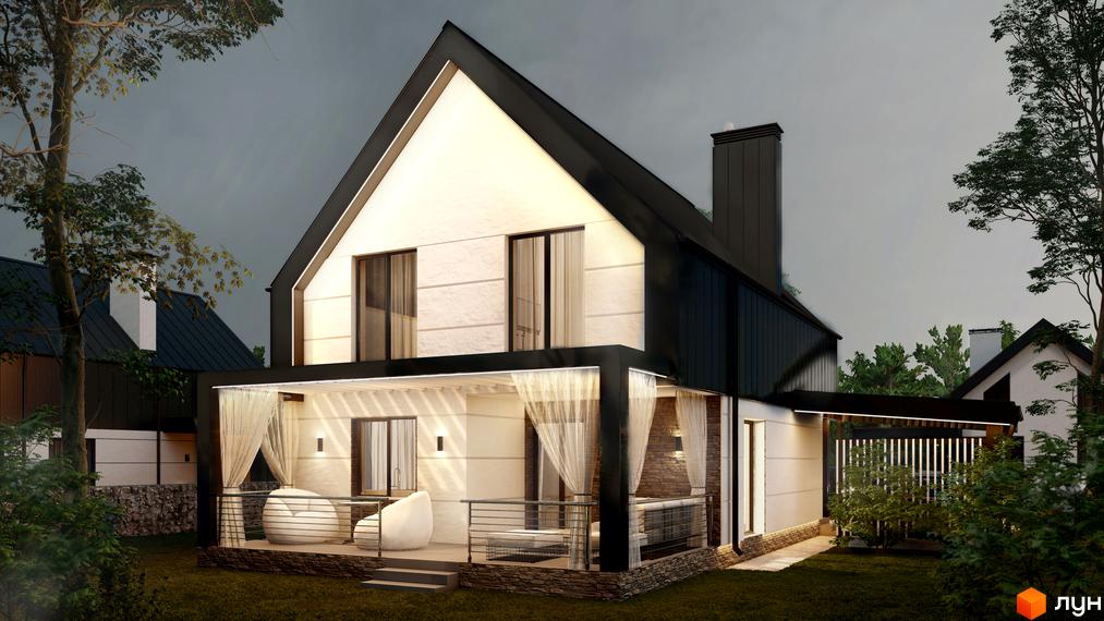 Двоповерховий будинок Котеджного містечка Сімейний маєток з темним дахом, світлими стінами та великою терасою. Навколо будинку зелений газон та дерева.