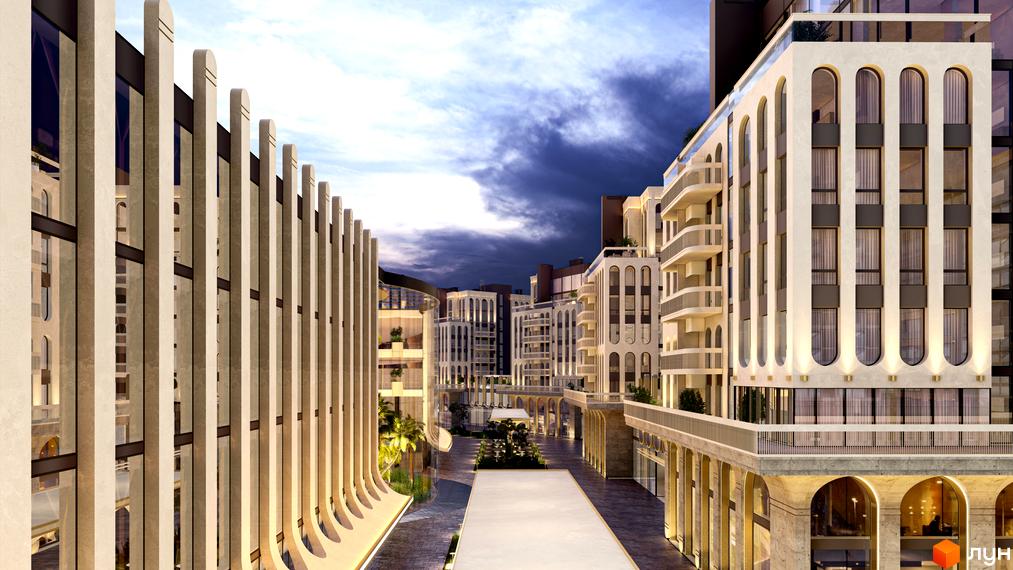 RESIDENTS AVENUE - сучасний житловий комплекс з елегантною архітектурою та просторим внутрішнім двором. Огляд фасаду будівлі та прибудинкової території.