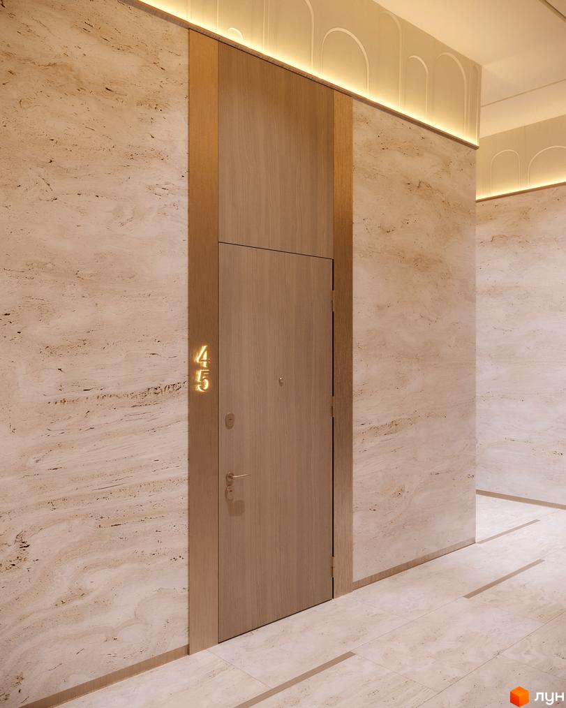 RESIDENTS AVENUE: новобудова з оздобленням натуральним каменем та дерев'яними елементами, підсвіченими м'яким світлом.