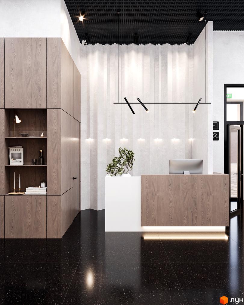 Апарт-комплекс Times: рецепція з дерев'яними панелями та підсвіткою. Сучасний дизайн інтер'єру з акцентом на натуральні матеріали.