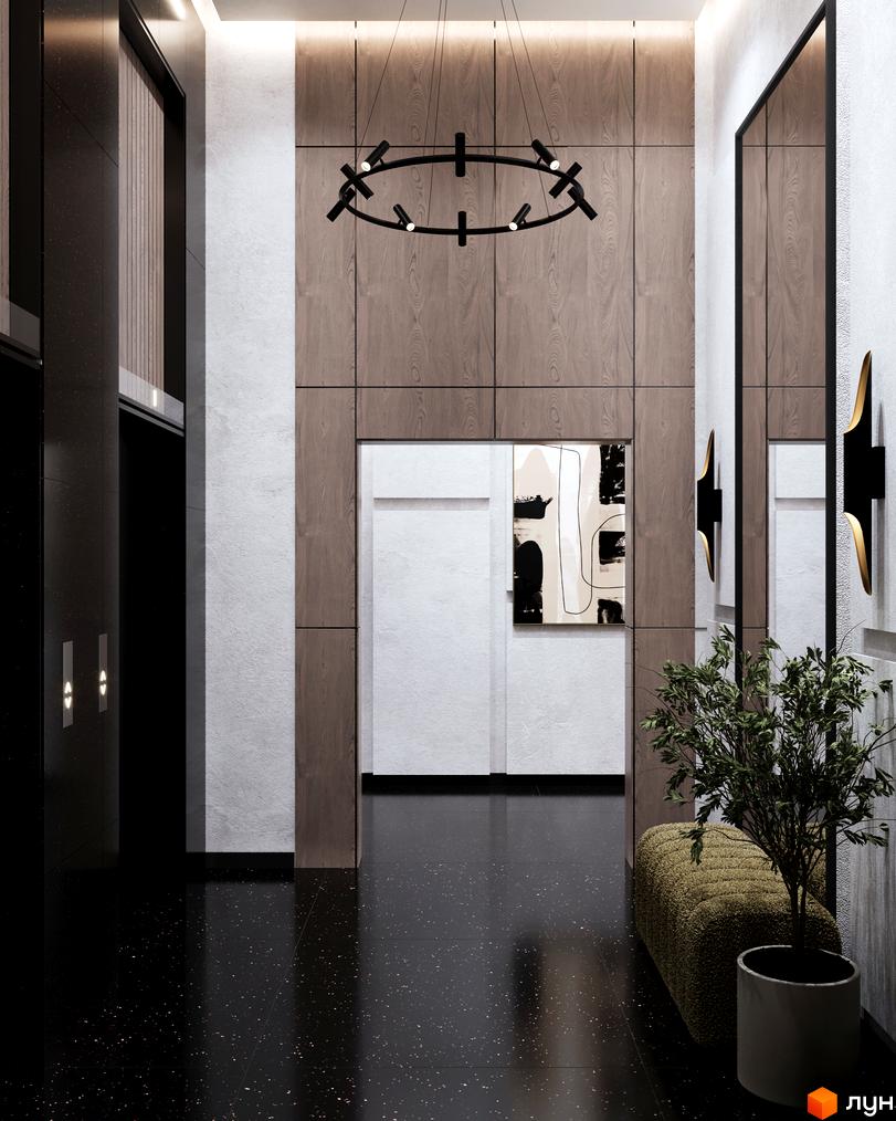 Апарт-комплекс Times: елегантний хол з дерев'яними панелями, дзеркалами та дизайнерським освітленням. Сучасний дизайн інтер'єру новобудови.
