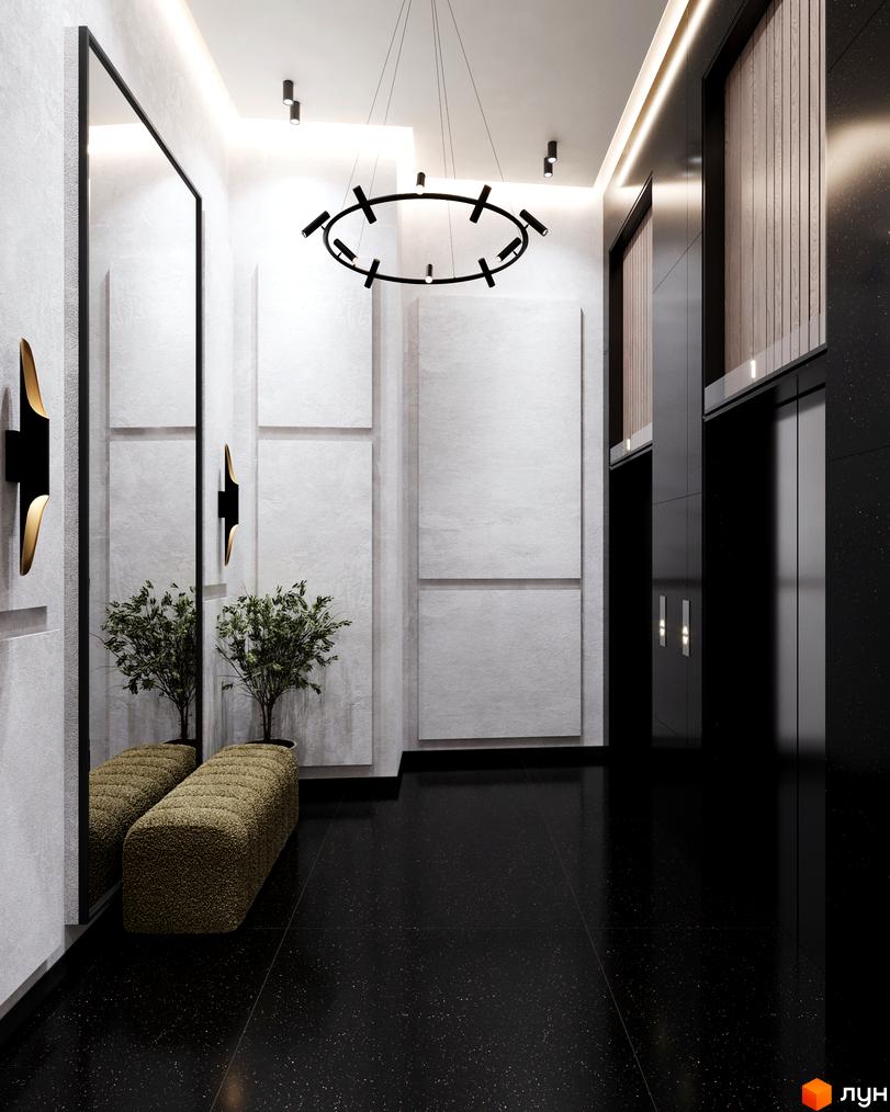 Інтер'єр холу в апарт-комплексі Times з дзеркалом, лавкою та чорною підлогою. Вигляд вхідної групи з ліфтами.