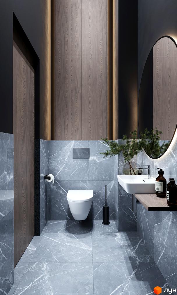 Апарт-комплекс Times: ванна кімната з мармуровою плиткою, підвісним унітазом та дерев'яними елементами.