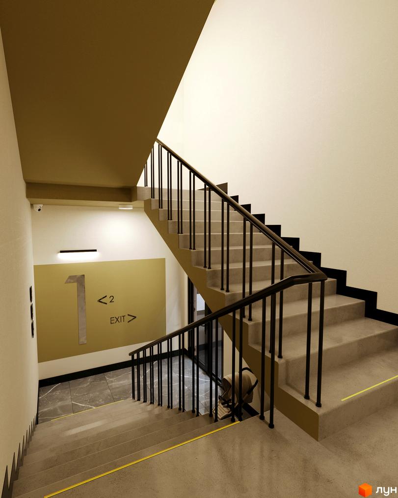 Сходи в Апарт-комплексі Times. Світле приміщення з бетонними сходами та чорними поручнями, вказівник напрямку до виходу.