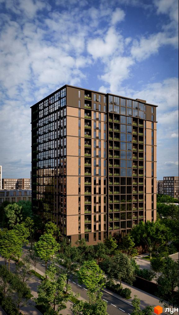 Зображення фасаду Апарт-комплексу Times. Багатоповерхова будівля з великими вікнами та озелененими балконами.