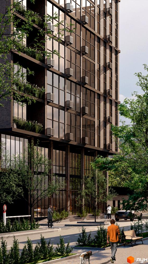 Зображення фасаду Апарт-комплексу Times. Вигляд на багатоповерховий будинок з великими вікнами та озелененням навколо.