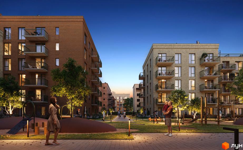 Житловий комплекс WAWEL з цегляними фасадами та балконами. На прибудинковій території розташовані дитячі майданчики та зони відпочинку.