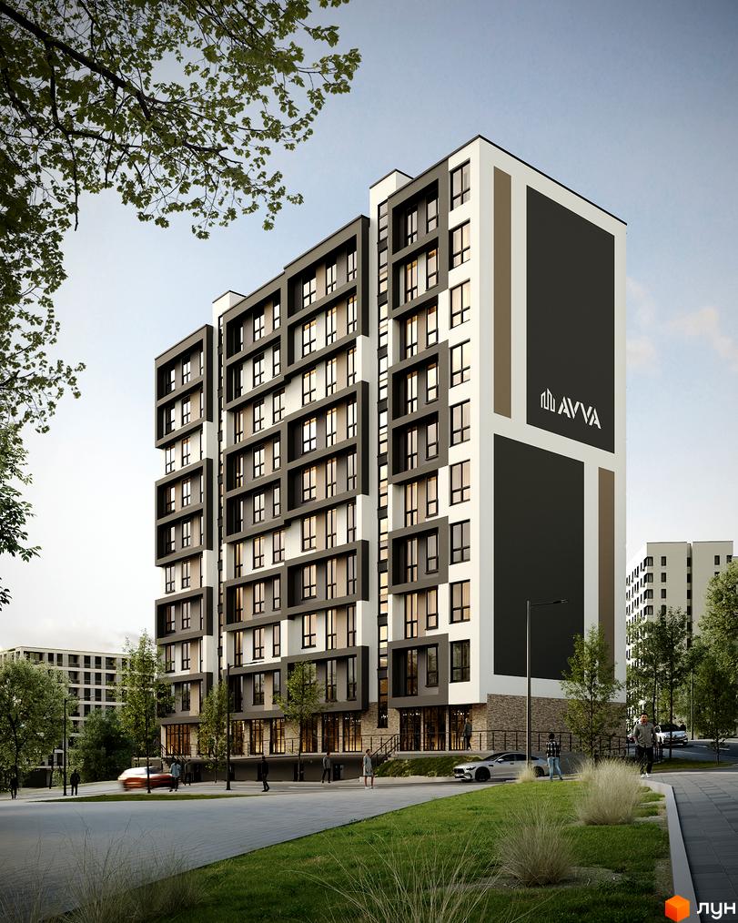 Зовнішній вигляд будинку ЖК Прем'єра з великими вікнами та сірими елементами. Навколо будинку зелена зона та дорога з автомобілями.