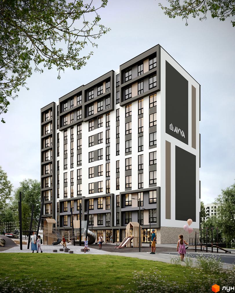 Будинок житлового комплексу Прем'єра з великою кількістю вікон та сірими елементами фасаду. Поруч дитячий майданчик з гірками та зонами для ігор.