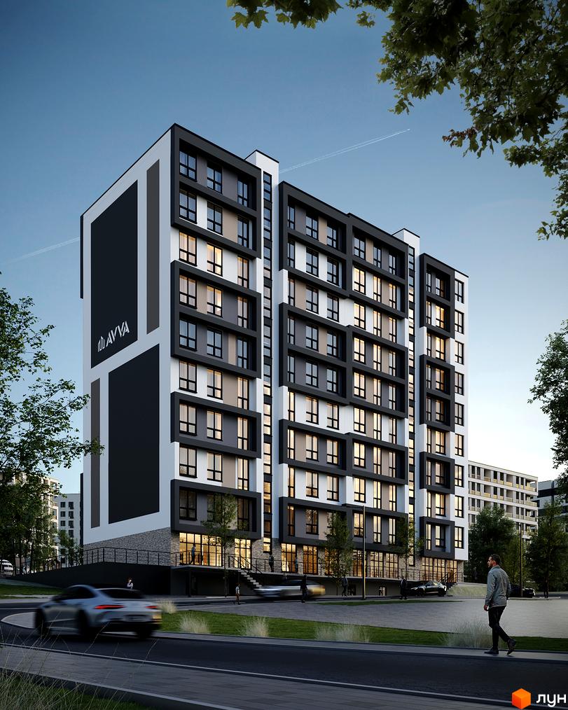 Житловий комплекс Прем'єра - сучасна новобудова з панорамними вікнами та прибудинковою територією з деревами та дорогою.