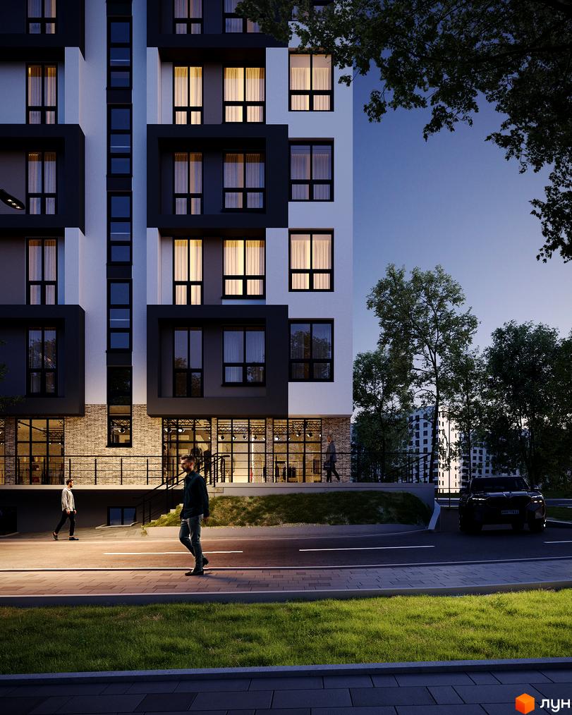 Житловий комплекс Прем'єра. Зовнішній вигляд будинку з вікнами та фасадом, прибудинкова територія з дорогою та деревами.