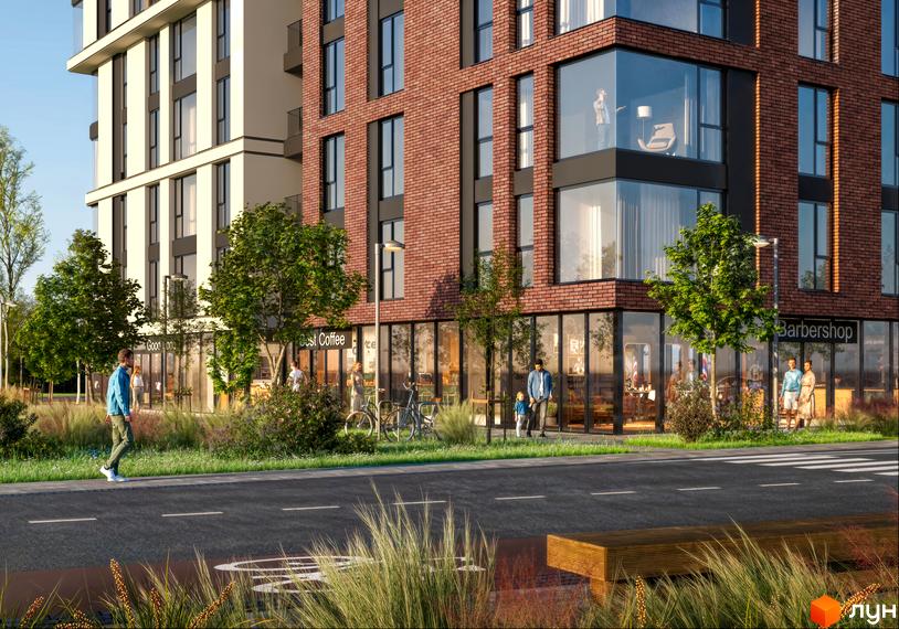 Зображення фасаду та прибудинкової території Житлового комплексу SVOÏ CITY. На передньому плані пішохідна зона, зелені насадження.