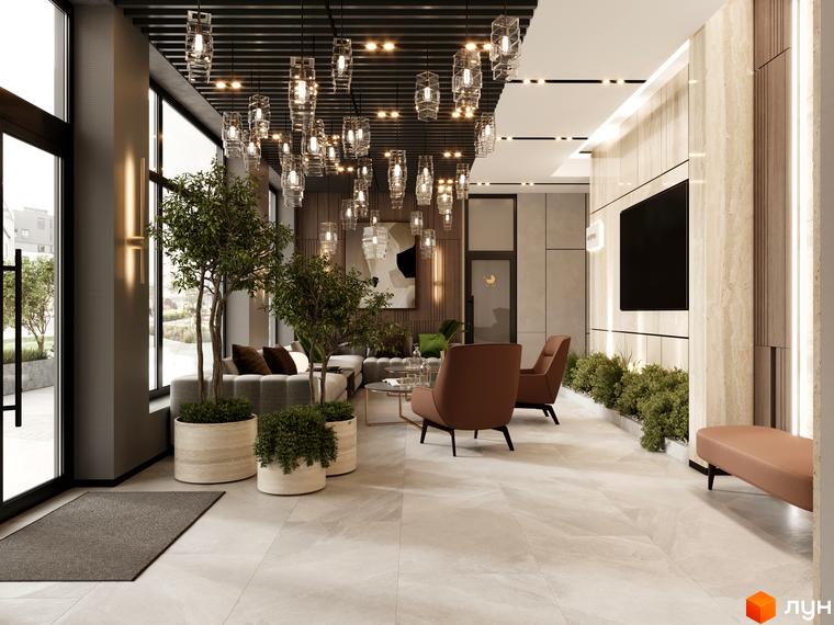Інтер'єр лобі Житлового комплексу SVOÏ CITY з м'якими меблями, рослинами у великих вазонах та великими вікнами.