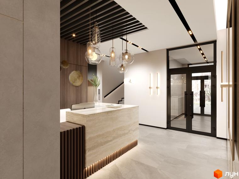 Сучасний хол житлового комплексу SVOÏ CITY з ресепшн та скляними дверима. Дизайн інтер'єру новобудови.