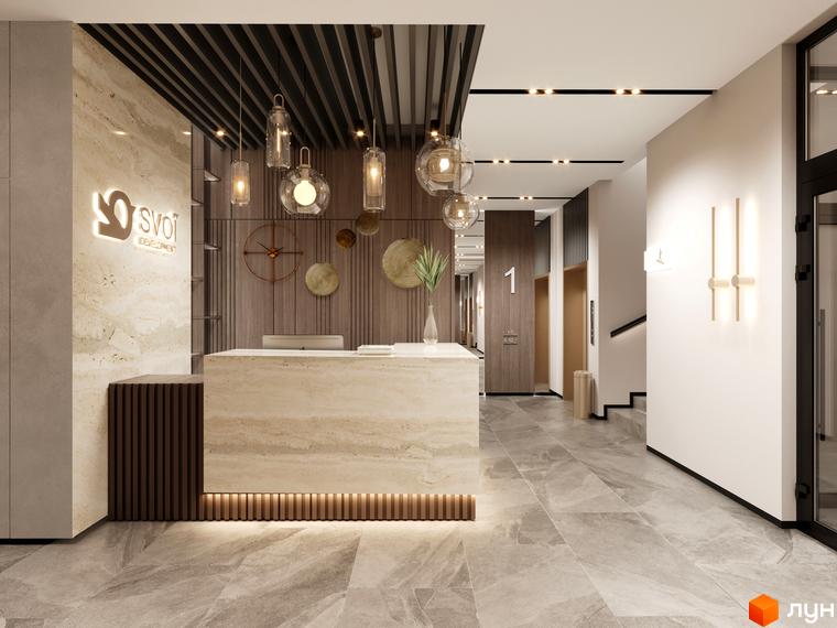 Лобі житлового комплексу SVOÏ CITY з рецепцією та ліфтами. Сучасний дизайн інтер'єру з натуральними матеріалами та декоративним освітленням.