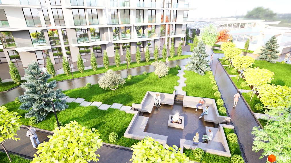 Житловий комплекс Stugna Residence: фасади будівель та зелена прибудинкова територія з місцями для відпочинку та деревами.