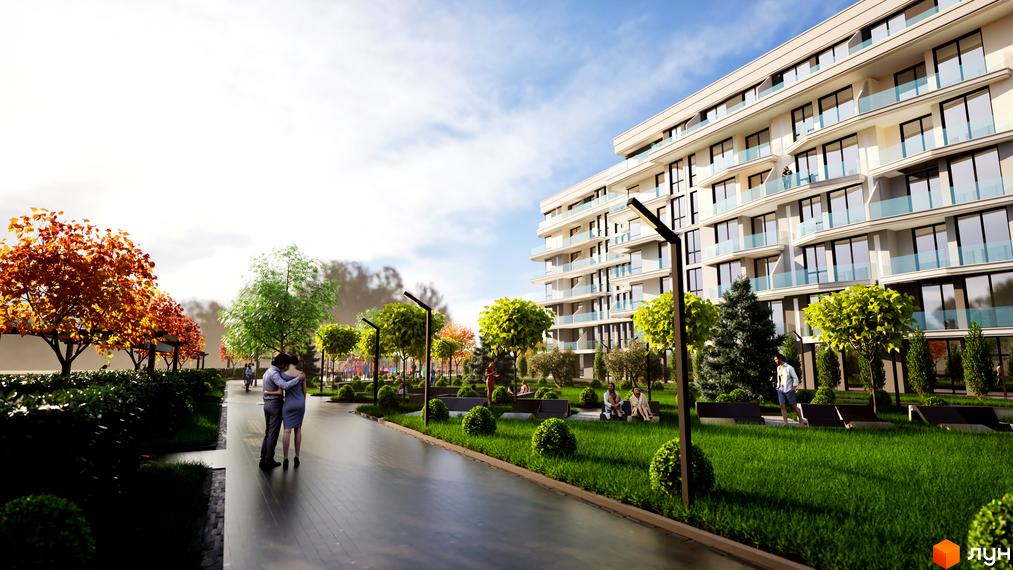 Житловий комплекс Stugna Residence з фасадом з вікон та балконів, оточений зеленим парком з деревами та місцями для відпочинку.
