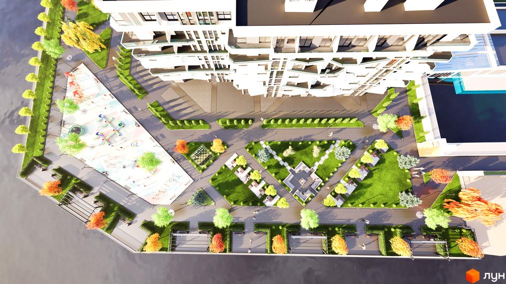 Житловий комплекс Stugna Residence з білими фасадами та балконами, що виступають, оточений зеленою прибудинковою територією з дитячим майданчиком та зонами відпочинку.