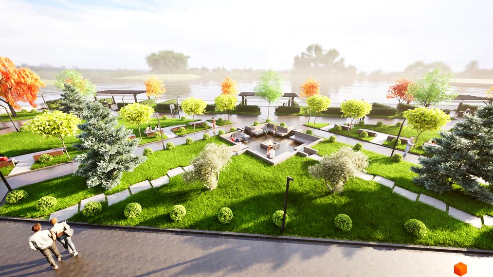 Житловий комплекс Stugna Residence з зоною відпочинку біля води, зеленими насадженнями та місцями для сидіння.