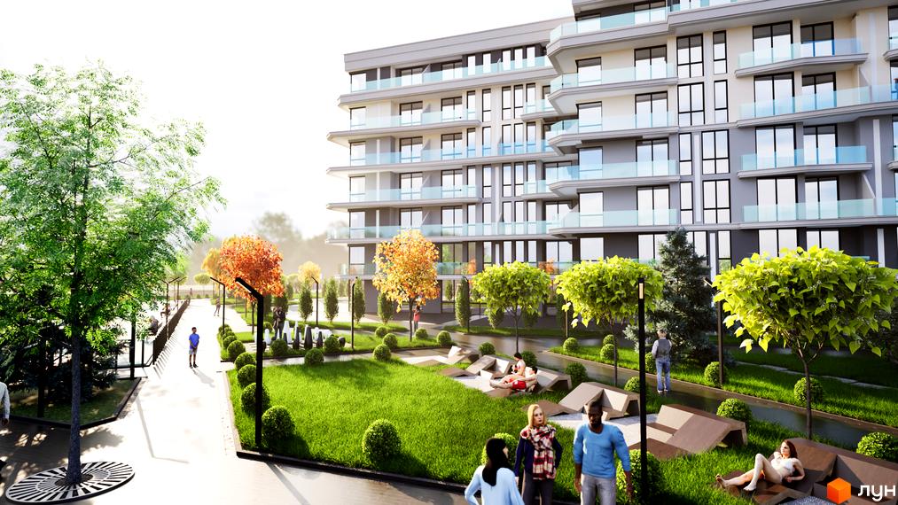 Житловий комплекс Stugna Residence: багатоповерховий будинок з балконами та панорамними вікнами, зелена прибудинкова територія з лаунж-зоною та деревами.